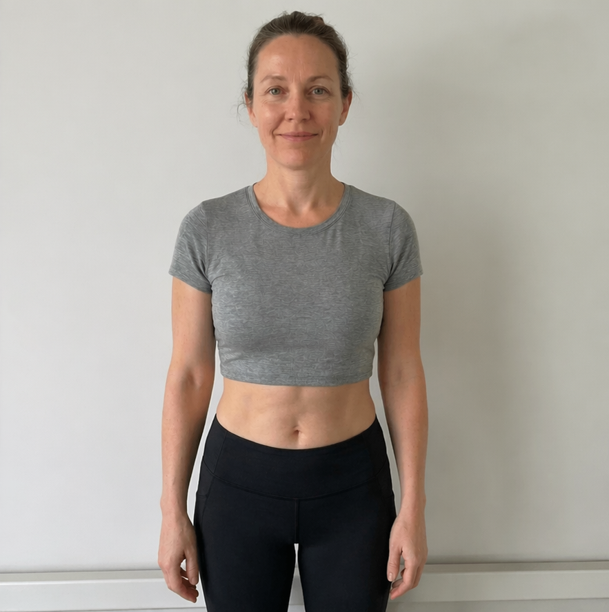 Woman wearing a gray crop top and black leggings against a plain background