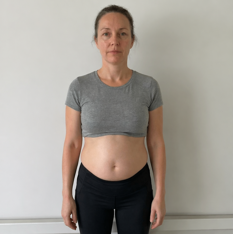 Woman wearing a gray crop top and black pants against a plain background